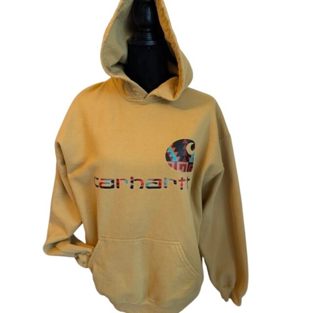 Carhartt Mens Logo Hoodie Tan Southwestern Graphic Cotton Pullover Sweatshirt